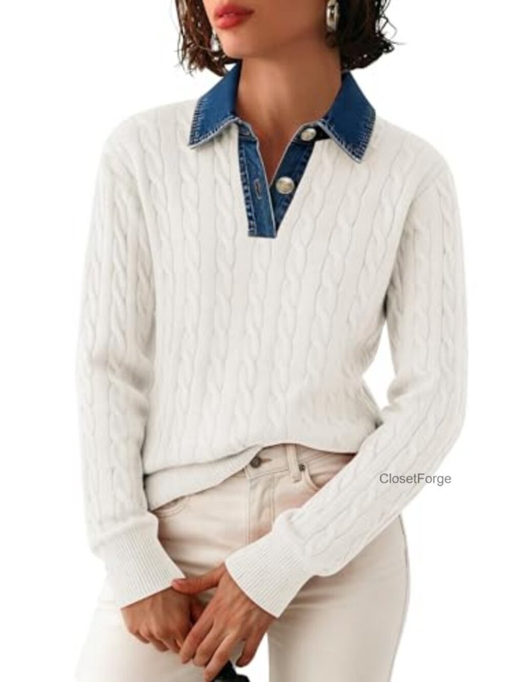 Women's Denim Lapel V-Neck Cable Knit Pullover Sweater Long Sleeve Casual Loose